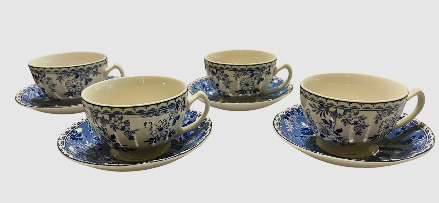 Set of 4 Johnson Bros. Devon Cottage Cups & Saucers