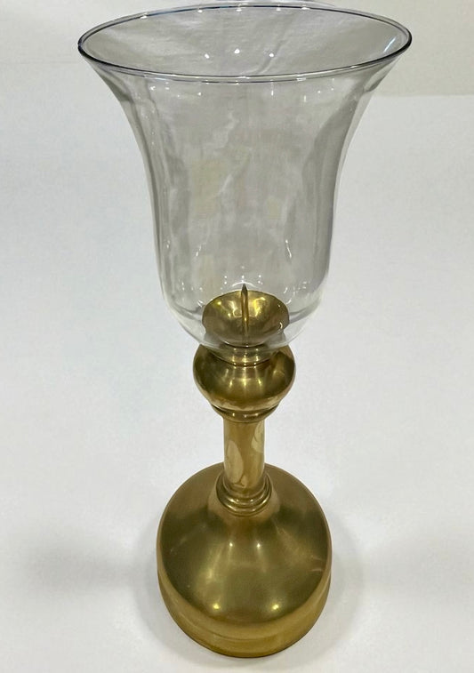 Vintage X-Large Brass Candleholder W/ Bell-Shaped Hurricane Glass
