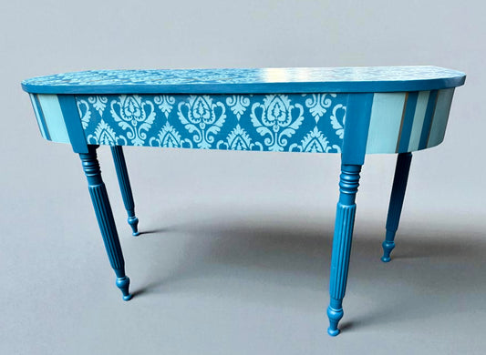 Blue Hand Painted, Stenciled Console Table w/ Gold Accent