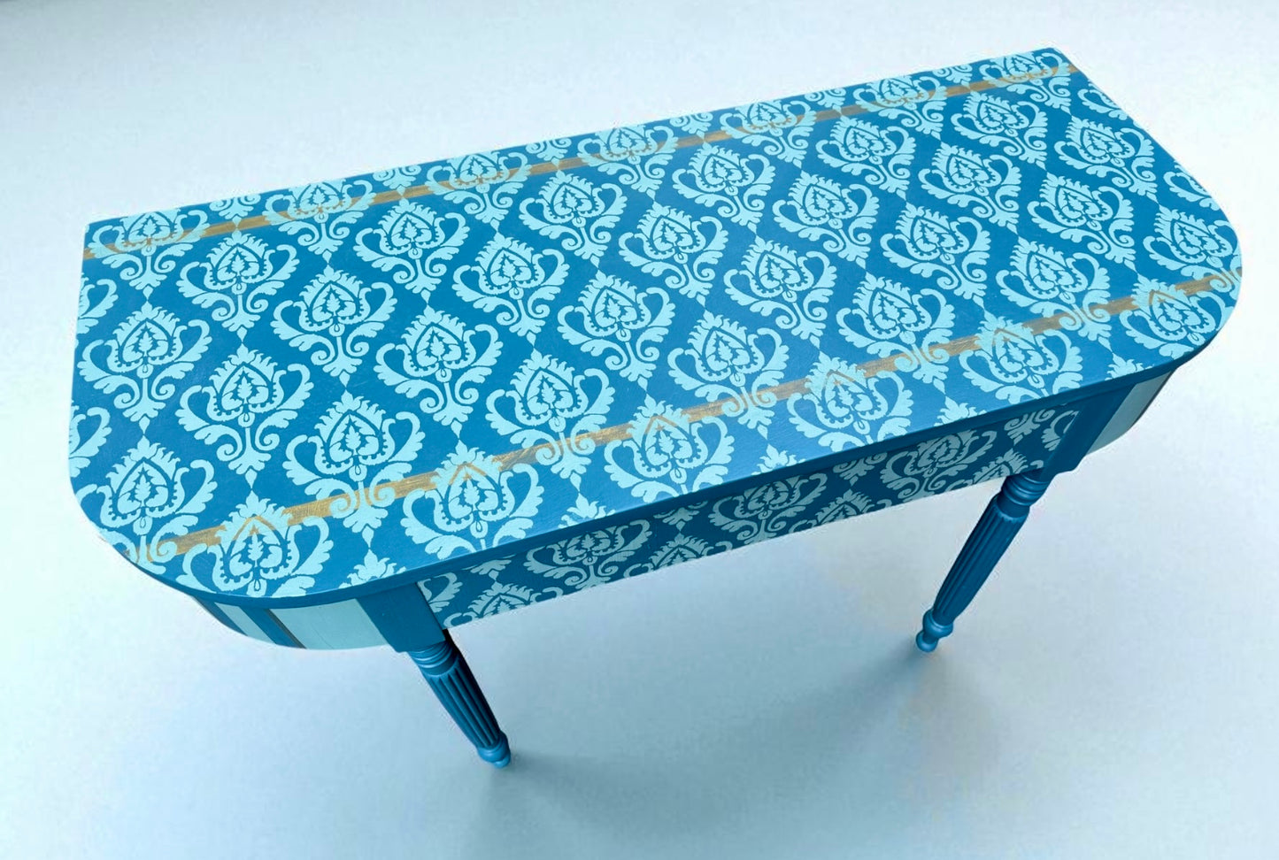 Blue Hand Painted, Stenciled Console Table w/ Gold Accent