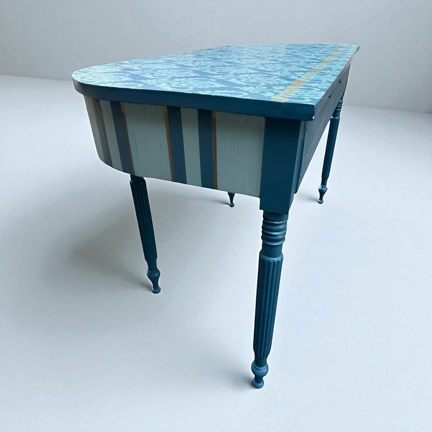 Blue Hand Painted, Stenciled Console Table w/ Gold Accent